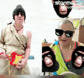 a man playing a guitar next to another man wearing sunglasses and monkey slippers