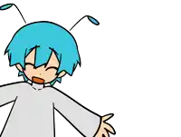 a cartoon of a person with blue hair holding a black object