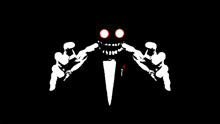 a black and white drawing of a monster with red eyes and teeth