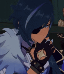 a blue haired anime character wearing a black eye patch