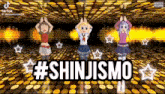 three anime girls are dancing on a dance floor with the hashtag #shinjismo written on the bottom