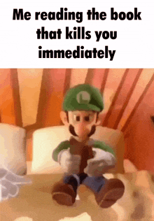 a picture of a cartoon character reading a book that says me reading the book that kills you immediately