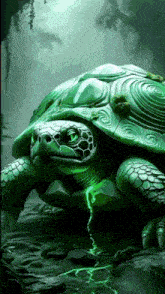 a green turtle with a swirl design on its shell