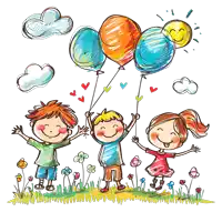 a boy and two girls are holding balloons in a field