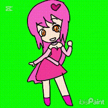 a cartoon girl with pink hair and a heart on her head is standing on a green screen .