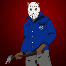 a man wearing a hockey mask and a blue shirt with an e on the pocket