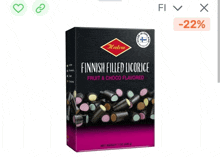 a box of finnish filled licorice with fruit and choco flavored