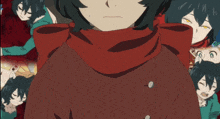 a girl with a red scarf around her neck looks at the camera