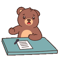 a brown teddy bear sits at a desk with a pen and a piece of paper