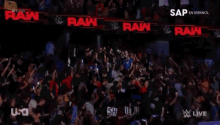 a crowd of people are watching a wrestling match on a screen that says sap
