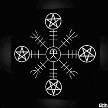 a white symbol with a pentagram in the center on a black background with pixiz at the bottom