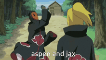 two anime characters are standing next to each other with the words aspen and jax on the bottom