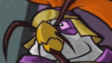 a close up of a cartoon character wearing a mask and a purple and orange costume .