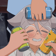 a person is holding a can of orange juice in front of their face