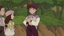 a cartoon shows a man holding a cat while talking to a woman and another man