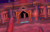 a cartoon drawing of a man sitting on a throne in a room with a pattern on the wall