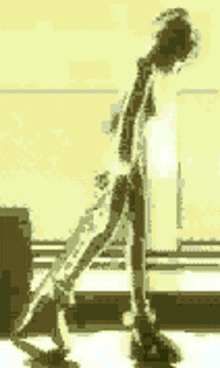 a pixelated image of a woman walking down stairs with a suitcase