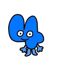 a cartoon drawing of a blue four with big eyes and a smile on his face .