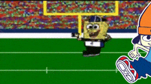 a cartoon character is running on a football field next to a spongebob squarepants mascot .