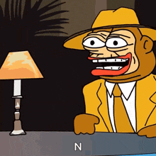 a cartoon of a monkey wearing a yellow suit and hat with the letter n below it