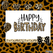 a birthday card with a leopard print background and balloons
