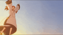 a cartoon character with red hair is flying through the air