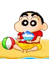 a pixel art of a cartoon character sitting on a beach holding a beach ball .
