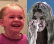 a baby is crying and a woman is crying with a napkin in her hand .