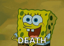 a cartoon of spongebob with the word death written on his chest