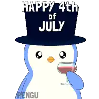 a penguin wearing a top hat is holding a glass of wine and says happy 4th of july