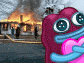 a cartoon character is holding a pink heart in front of a house on fire