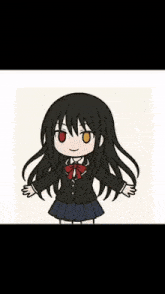 a girl with long black hair and red eyes is wearing a school uniform