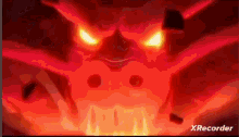 a close up of a person 's face with glowing eyes in a red background .
