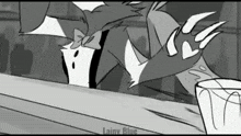 a black and white drawing of a fox in a tuxedo sitting at a bar .