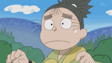 a cartoon character with a ponytail and a blue sky with clouds