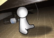 a drawing of a person sitting under a couch with a bottle of water in the background