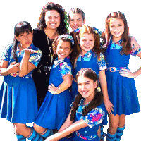 a group of girls in blue uniforms are posing for a picture with their teacher