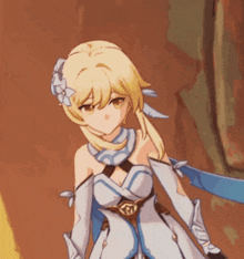 a girl with blonde hair and a flower in her hair is wearing a white and blue dress .