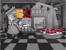 a black and white cartoon of alice in wonderland in a hospital
