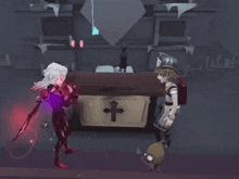 a man and a woman are standing in front of a cross on a table