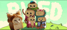 a cat with a slice of bread on its head stands in front of a group of bread characters