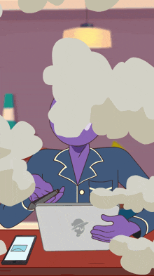 a cartoon drawing of a person using a laptop