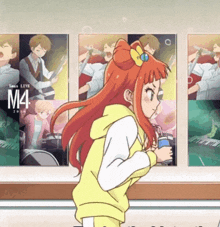 a girl is standing in front of a poster that says m4 on it