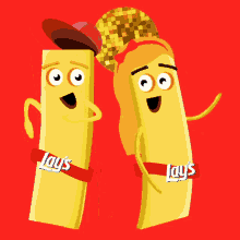 a cartoon illustration of two lays french fries dancing