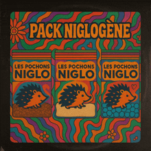 a colorful poster for pack niglogene with three hedgehogs on it