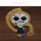 a cartoon character with a clock face and rainbow pants is holding a chain