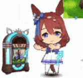 a cartoon girl is standing next to a jukebox .