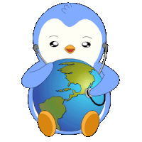 a penguin with a stethoscope around its neck holds a globe