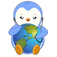 a penguin with a stethoscope around its neck holds a globe
