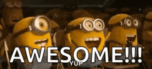 a group of minions are standing next to each other and saying `` awesome !!! '' .